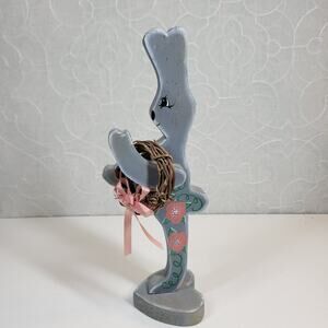 Vintage Easter Bunny Wood Decor 12" Gray Pink Hand Painted Hearts Flowers Signed